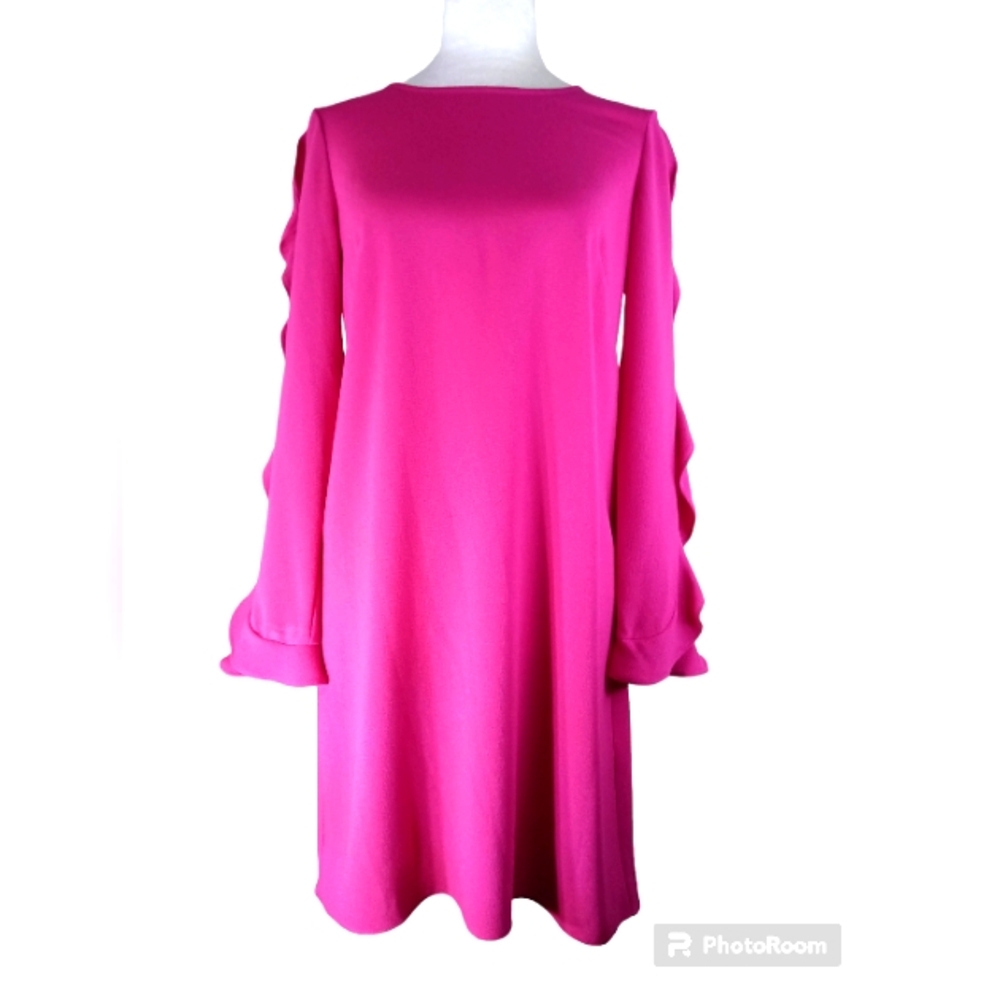 Maggy London Ruffled Long Sleeve Dress Midi Fuchsia Pink